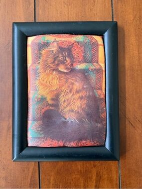 Vintage Framed Fabric Cat Picture by Lesley Anne Ivory “Ruskin on the Stairs”